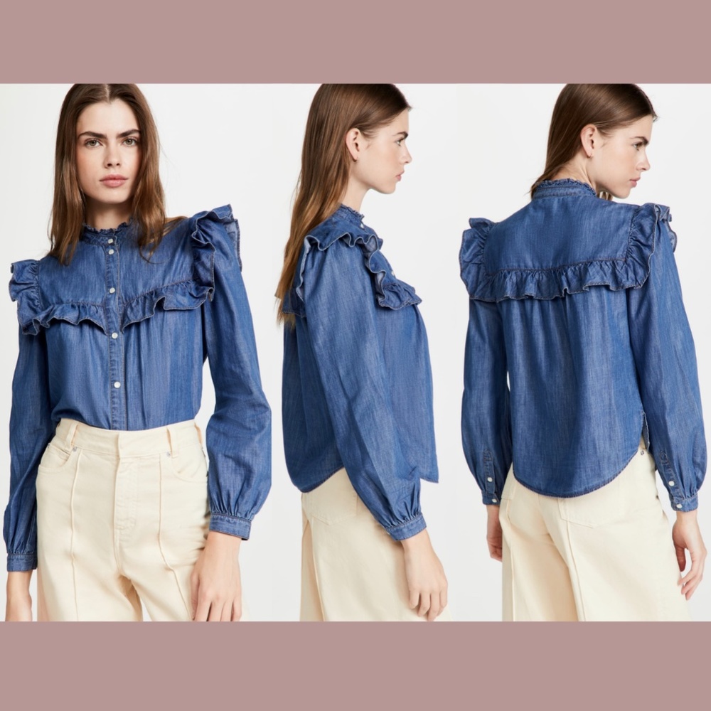 NWT $275 VERONICA BEARD [ 2 ] Tes Ruffle‎ Chambray Button-up Shirt In Denim